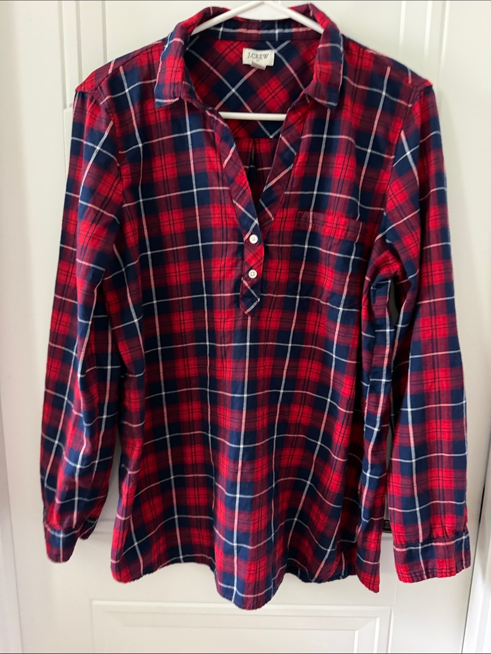 J. Crew Red and Navy Plaid Button-Popover Flannel Shirt